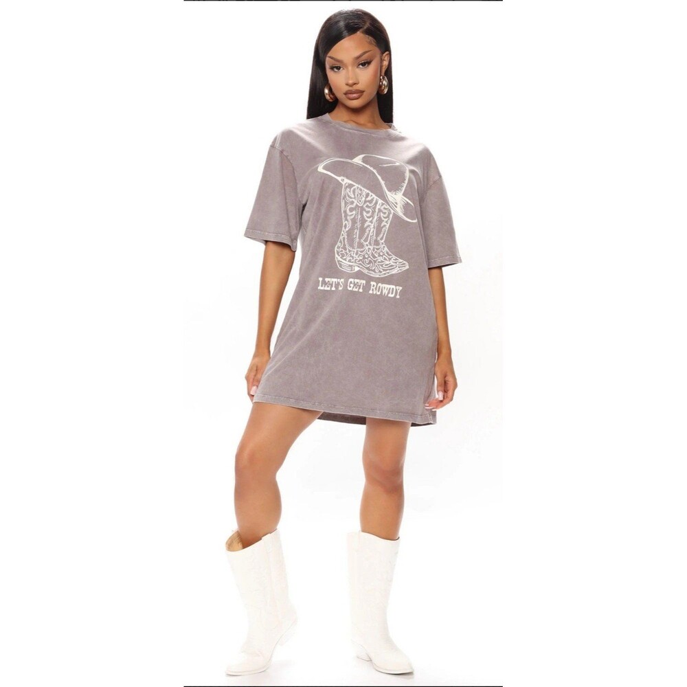 Let's Get Rowdy Country Western Boots Cowboy Hat SS Long T Shirt Mini Dress M